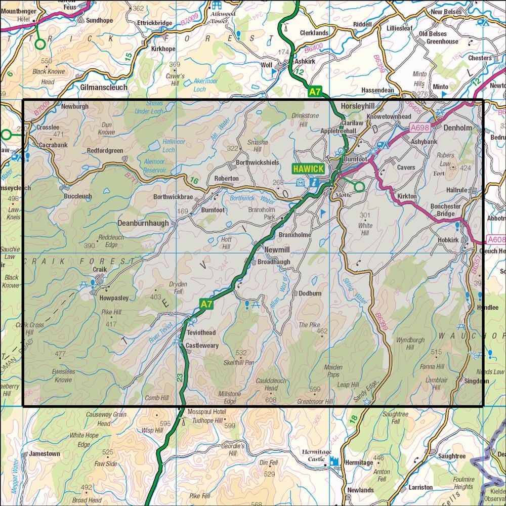OMN4 image showing the area of the Ordnance Survey 1:25,000 Explorer map 331 Teviotdale South