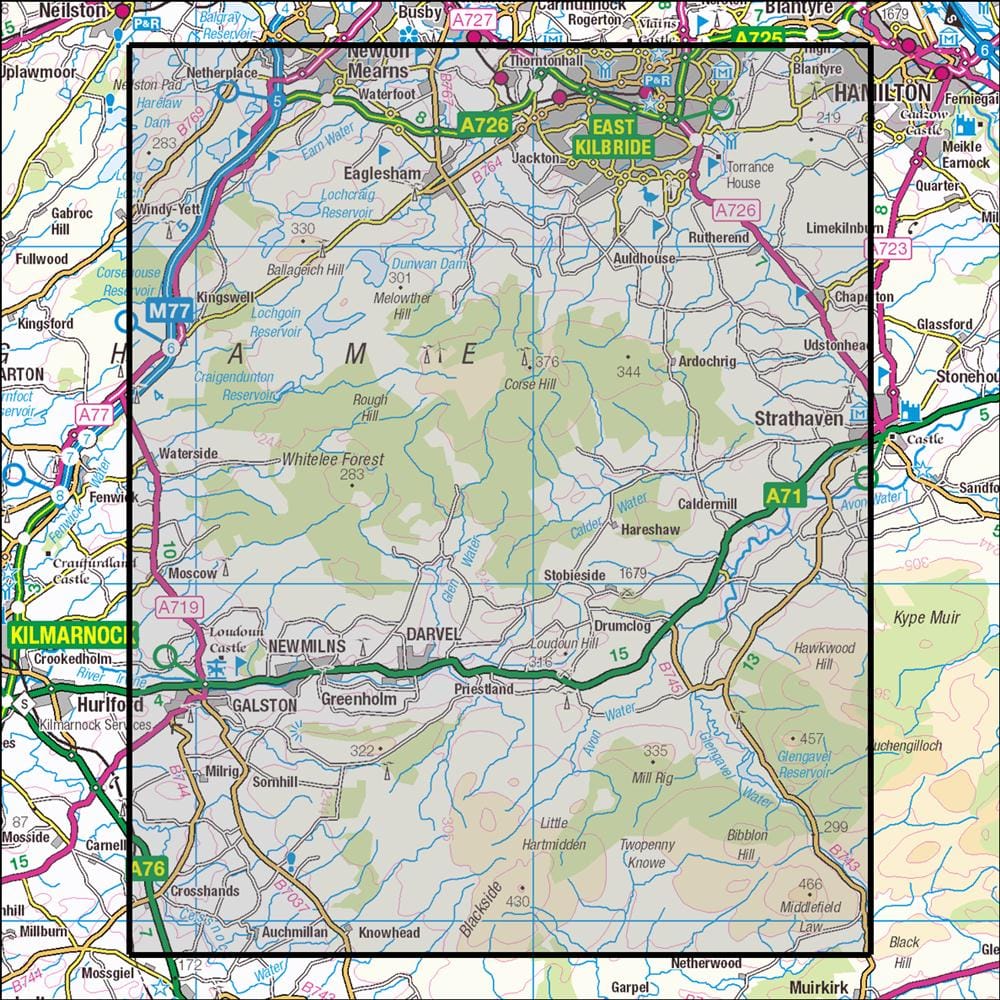 OMN4 image showing the area of the Ordnance Survey 1:25,000 Explorer map 334 East Kilbride, Galston & Darvel