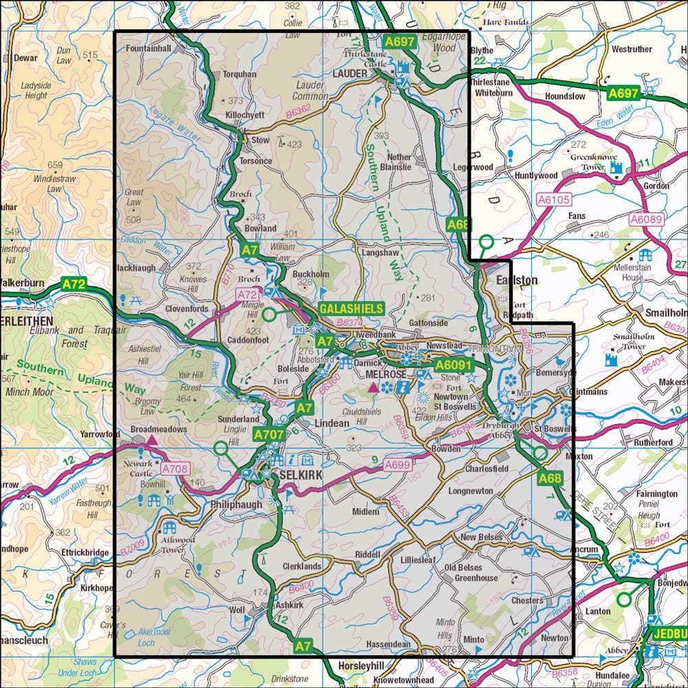 OMN4 image showing the area of the Ordnance Survey 1:25,000 Explorer map 338 Galashiels, Selkirk & Melrose
