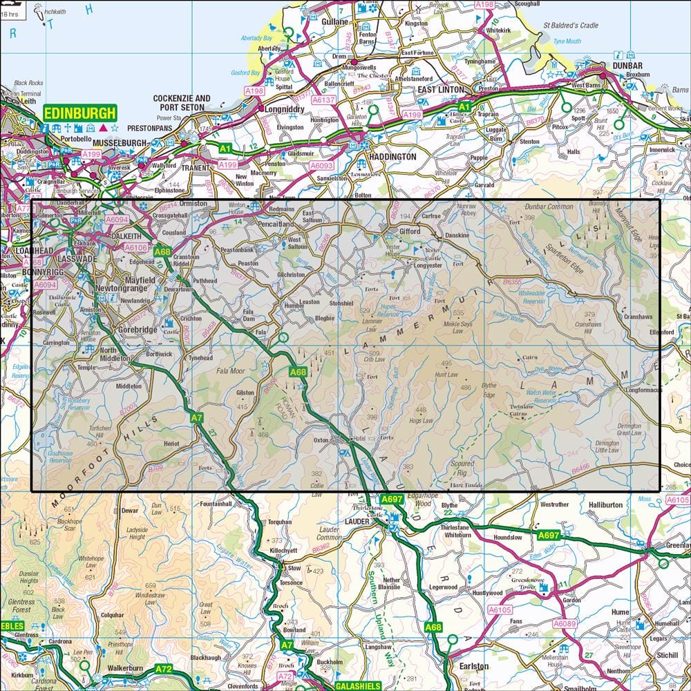 OMN4 image showing the area of the Ordnance Survey 1:25,000 Explorer map 345 Lammermuir Hills