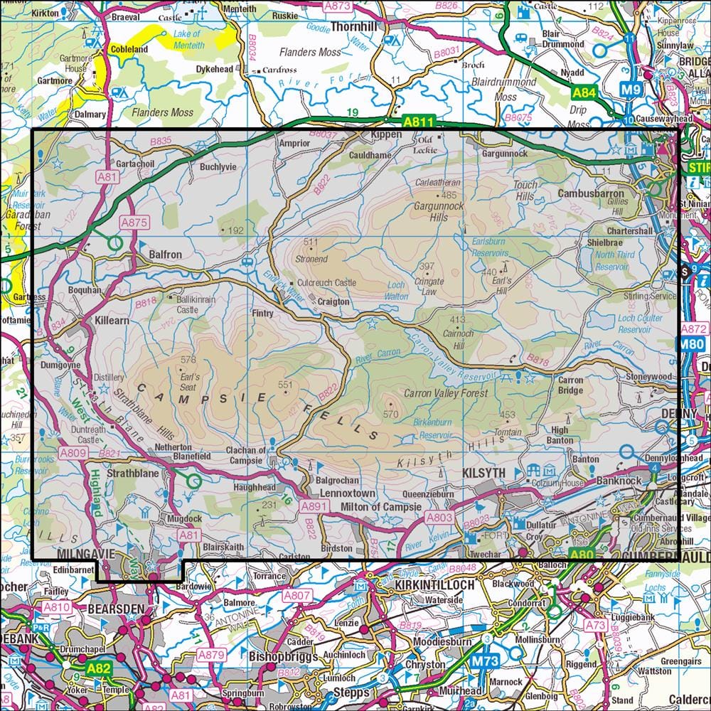 OMN4 image showing the area of the Ordnance Survey 1:25,000 Explorer map 348 Campsie Fells