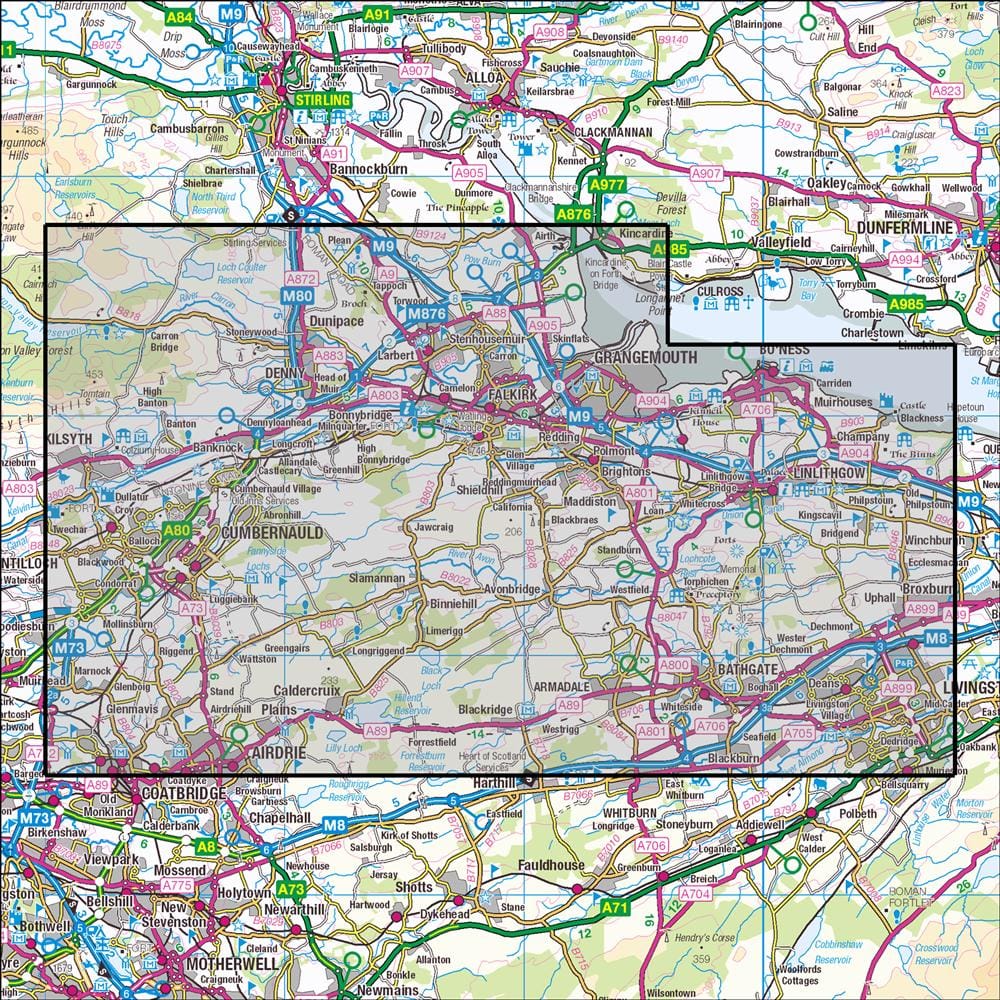 OMN4 image showing the area of the Ordnance Survey 1:25,000 Explorer map 349 Falkirk, Cumbernauld & Livingston