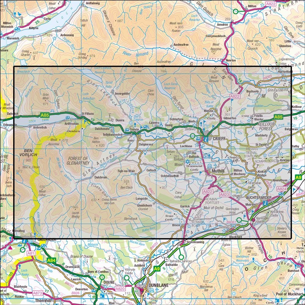 OMN4 image showing the area of the Ordnance Survey 1:25,000 Explorer map 368 Crieff, Comrie & Glen Artney