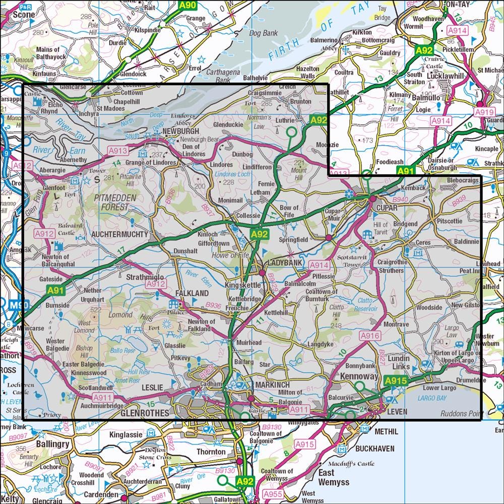 OMN4 image showing the area of the Ordnance Survey 1:25,000 Explorer map 370 Glenrothes North, Falkland & Lomond Hills