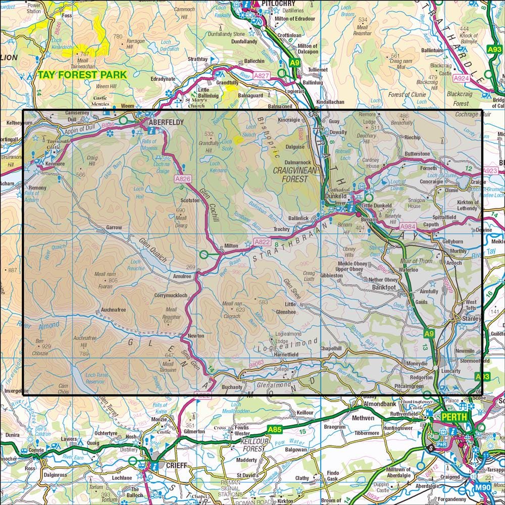 OMN4 image showing the area of the Ordnance Survey 1:25,000 Explorer map 379 Dunkeld, Aberfeldy & Glen Almond