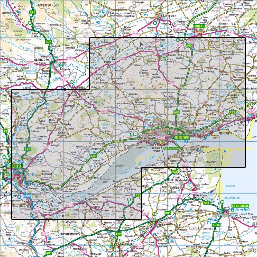 OMN4 image showing the area of the Ordnance Survey 1:25,000 Explorer map 380 Dundee & Sidlaw Hills