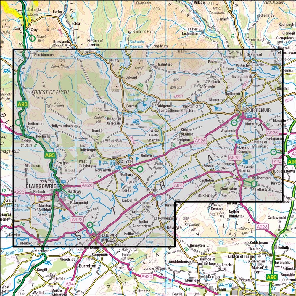OMN4 image showing the area of the Ordnance Survey 1:25,000 Explorer map 381 Blairgowrie, Kirriemuir & Glamis