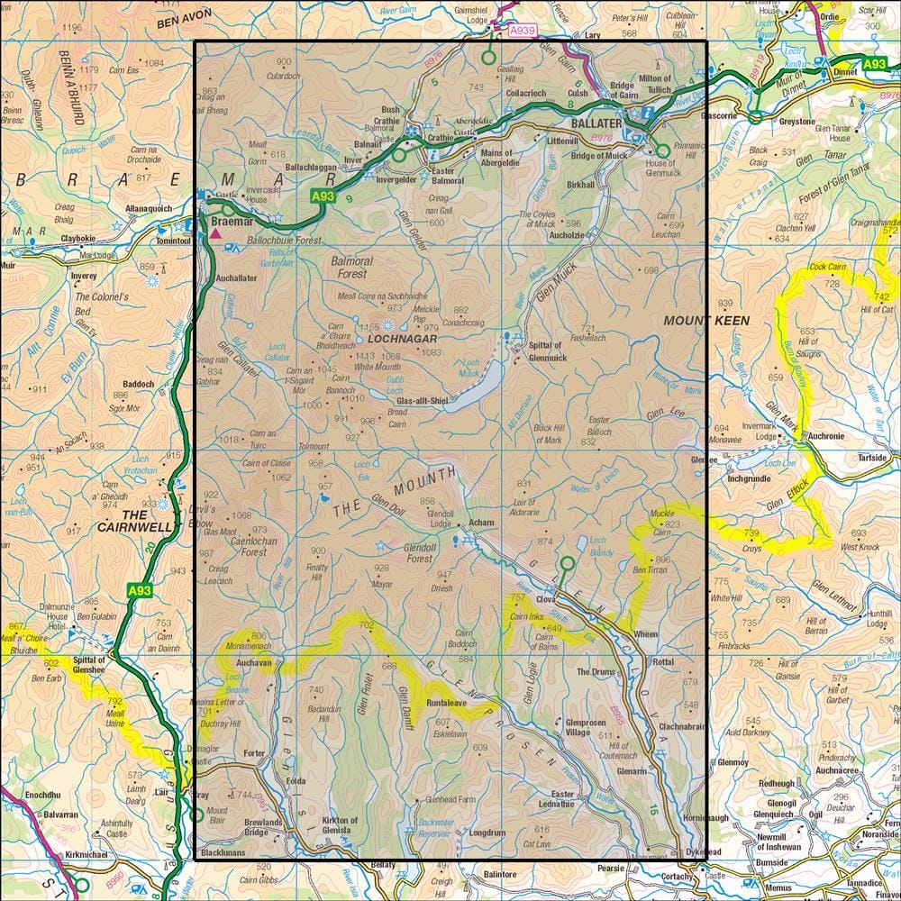 OMN4 image showing the area of the Ordnance Survey 1:25,000 Explorer map 388 Lochnagar, Glen Muick & Glen Clova