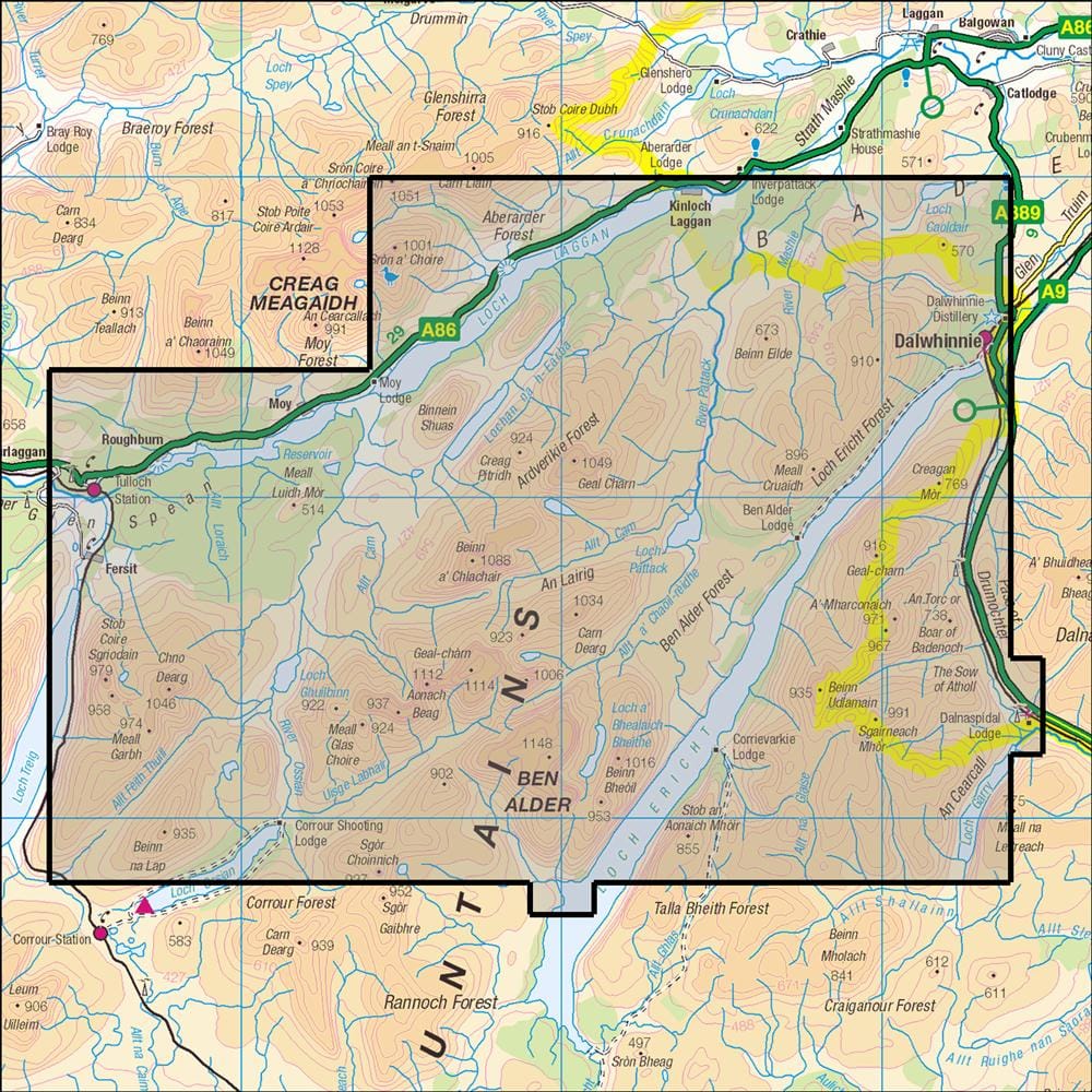OMN4 image showing the area of the Ordnance Survey 1:25,000 Explorer map 393 Ben Alder, Loch Ericht & Loch Laggan