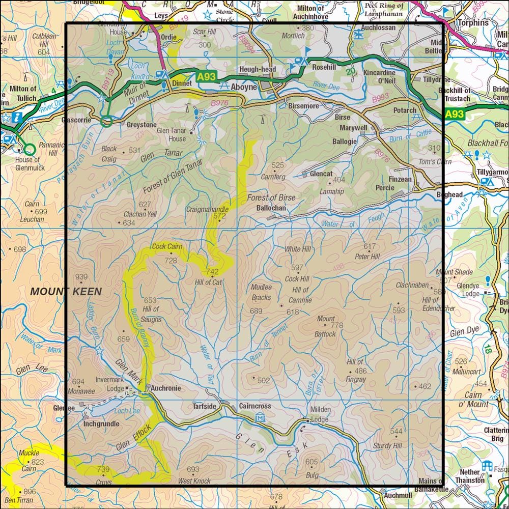 OMN4 image showing the area of the Ordnance Survey 1:25,000 Explorer map 395 Glen Esk & Glen Tanar