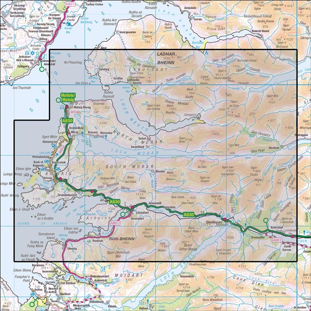 OMN4 image showing the area of the Ordnance Survey 1:25,000 Explorer map 398 Loch Morar, Mallaig, Arisaig & Glenfinnan