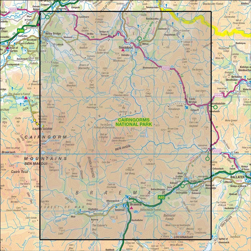 OMN4 image showing the area of the Ordnance Survey 1:25,000 Explorer map 404 Braemar, Tomintoul & Glen Avon