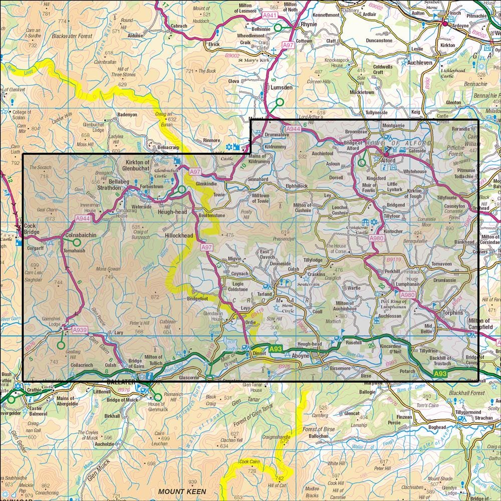 OMN4 image showing the area of the Ordnance Survey 1:25,000 Explorer map 405 Aboyne, Alford & Strathdon