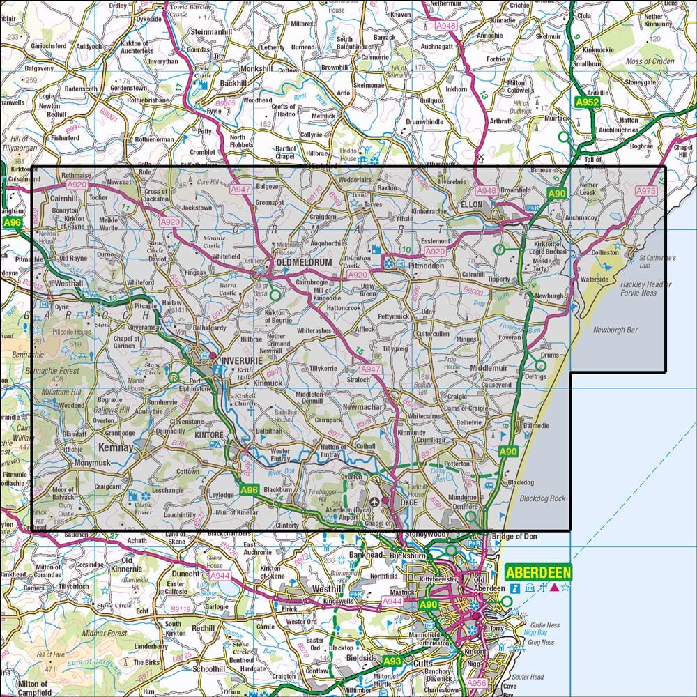 OMN4 image showing the area of the Ordnance Survey 1:25,000 Explorer map 421 Formantine, Inverurie, Ellon & Oldmeldrum