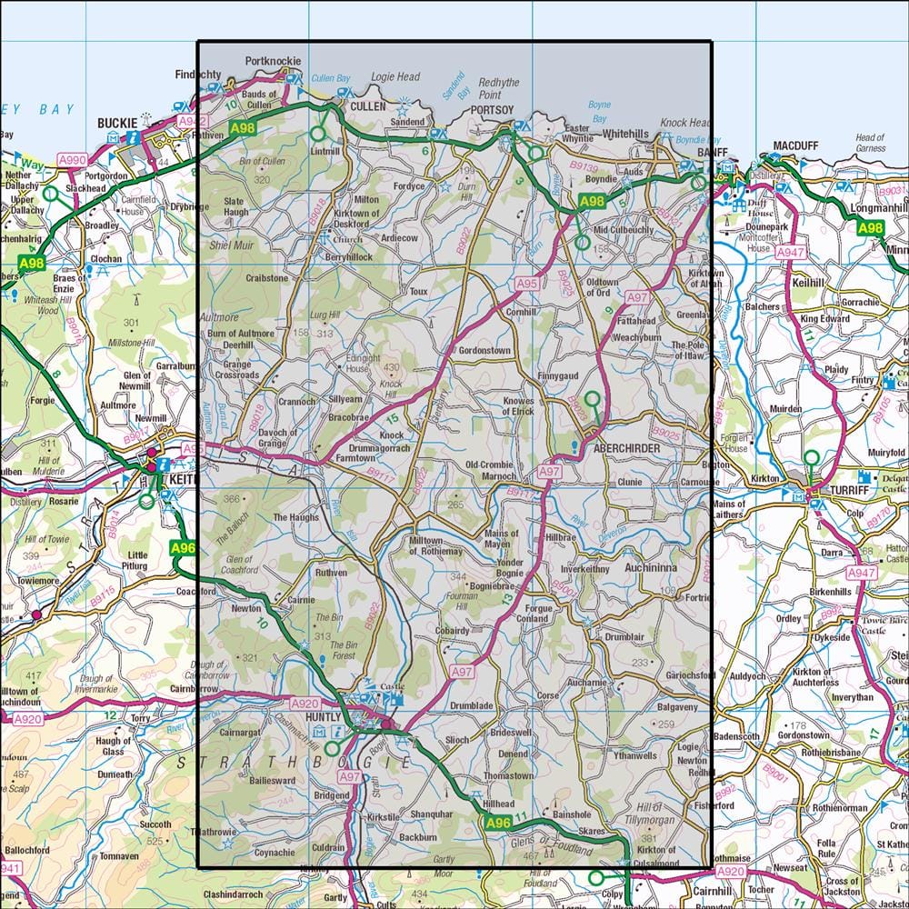 OMN4 image showing the area of the Ordnance Survey 1:25,000 Explorer map 425 Huntly & Cullen, Portknockie & Portsoy
