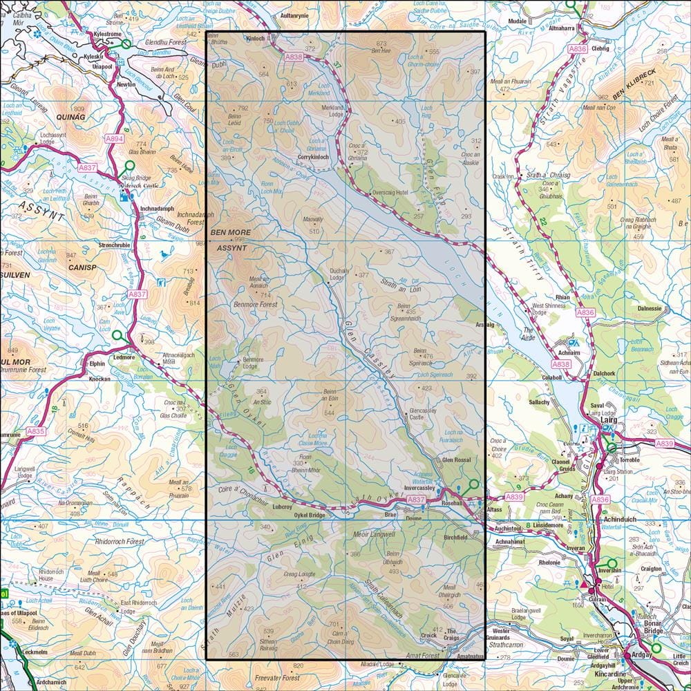 OMN4 image showing the area of the Ordnance Survey 1:25,000 Explorer map 440 Glen Cassley & Glen Oykel