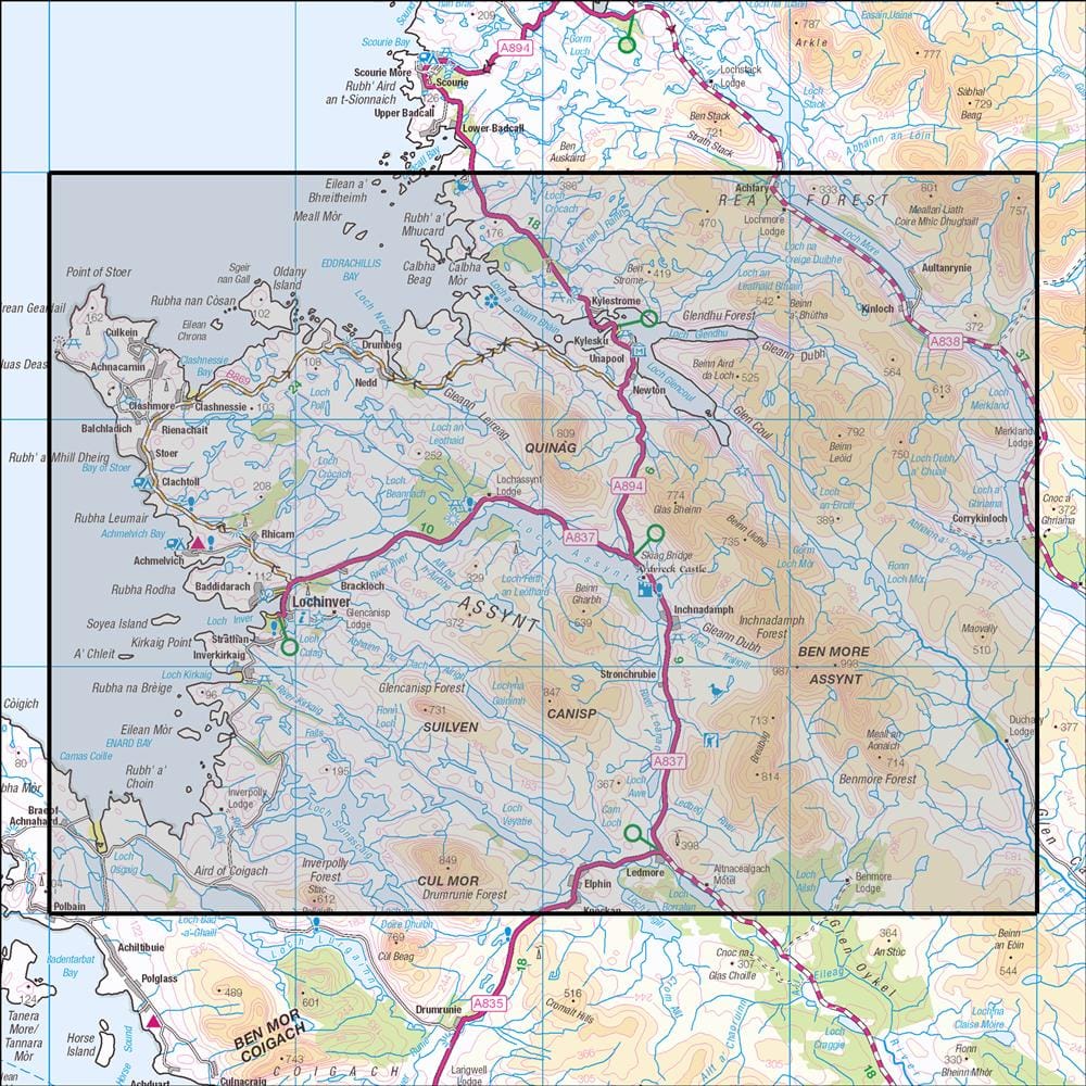 OMN4 image showing the area of the Ordnance Survey 1:25,000 Explorer map 442 Assynt & Lochinver
