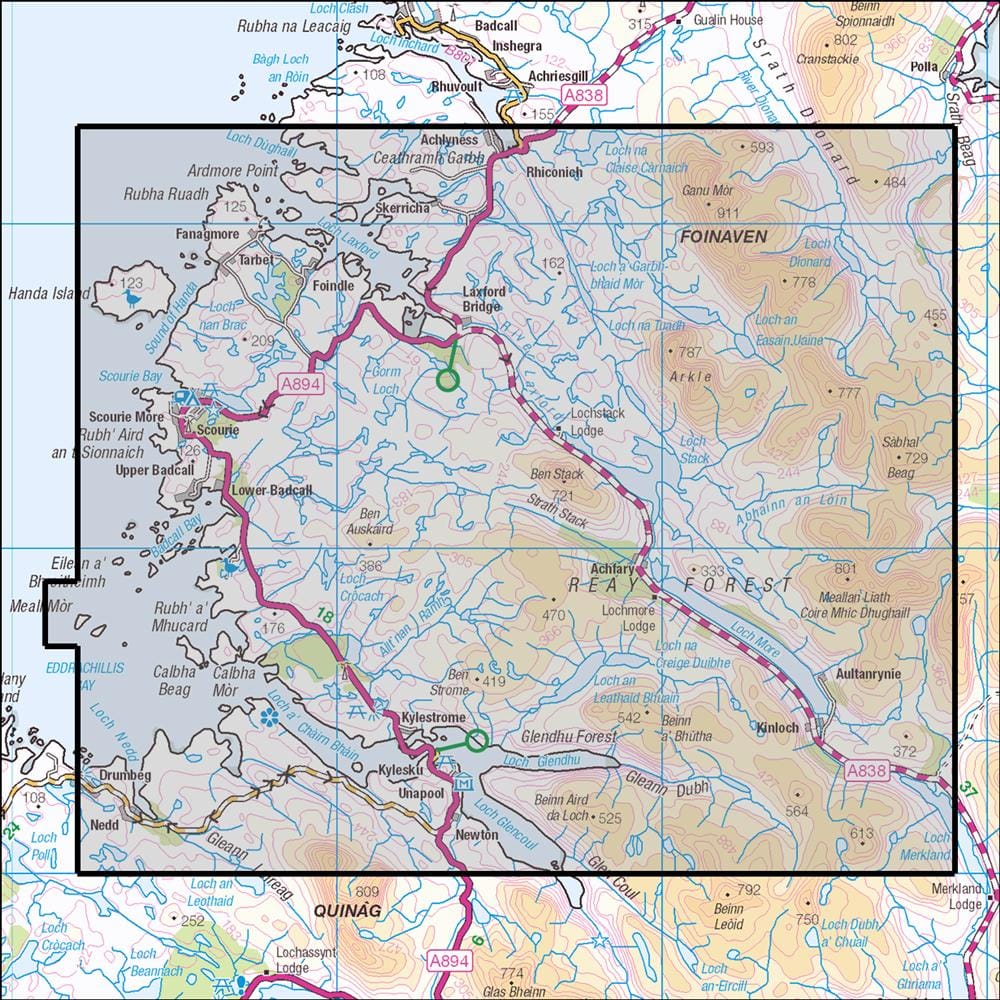 OMN4 image showing the area of the Ordnance Survey 1:25,000 Explorer map 445 Foinaven, Arkle, Kylesku & Scourie