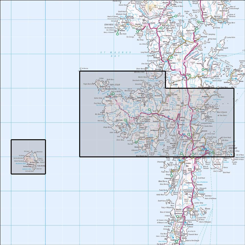 OMN4 image showing the area of the Ordnance Survey 1:25,000 Explorer map 467 Central Mainland - Lerwick, Papa Stour & Foula