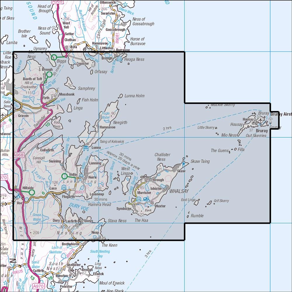 OMN4 image showing the area of the Ordnance Survey 1:25,000 Explorer map 468 Shetland - Mainland North East & Whalsay
