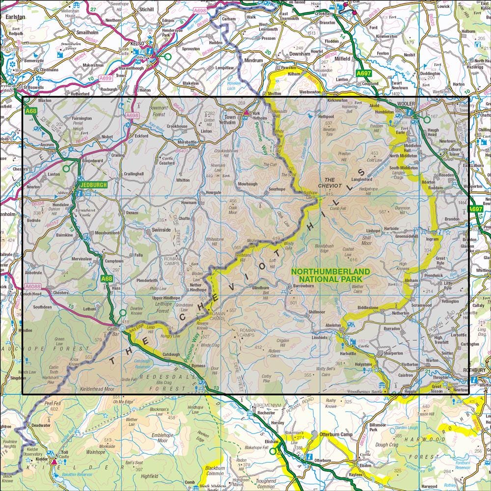 OMN4 image showing the area of the Ordnance Survey 1:25,000 Explorer map OL16 The Cheviot Hills