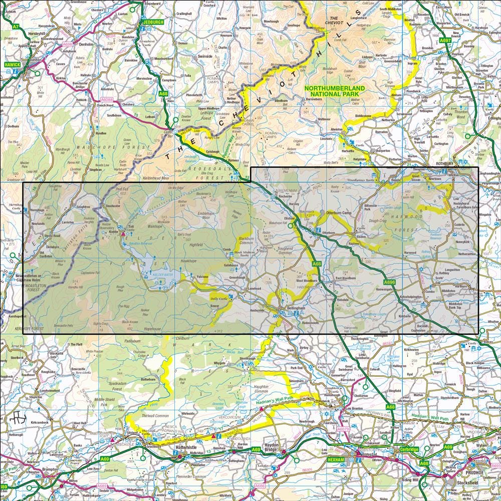 OMN4 image showing the area of the Ordnance Survey 1:25,000 Explorer map OL42 Kielder Water