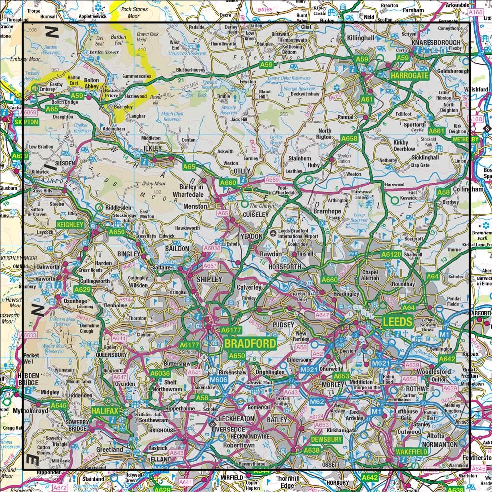 OMN4 image showing the area of the Ordnance Survey 1:50,000 Landranger map 104 Leeds & Bradford Harrogate & Ilkley