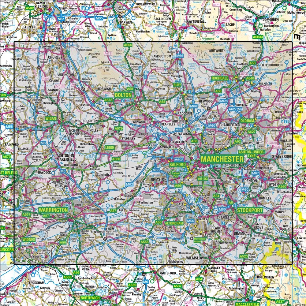 OMN4 image showing the area of the Ordnance Survey 1:50,000 Landranger map 109 Manchester Bolton & Warrington