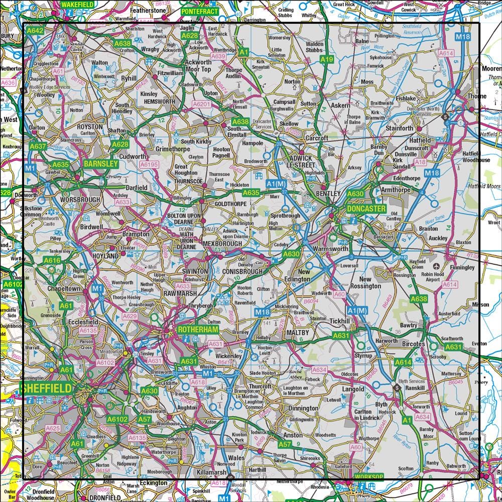 OMN4 image showing the area of the Ordnance Survey 1:50,000 Landranger map 111 Sheffield & Doncaster Rotherham, Barnsley & Thorne