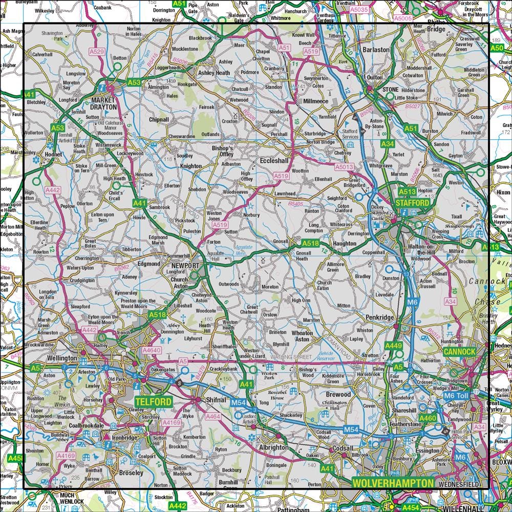OMN4 image showing the area of the Ordnance Survey 1:50,000 Landranger map 127 Stafford & Telford Ironbridge