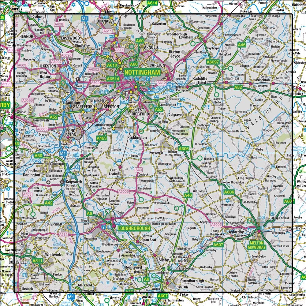 OMN4 image showing the area of the Ordnance Survey 1:50,000 Landranger map 129 Nottingham & Loughborough Melton Mowbray