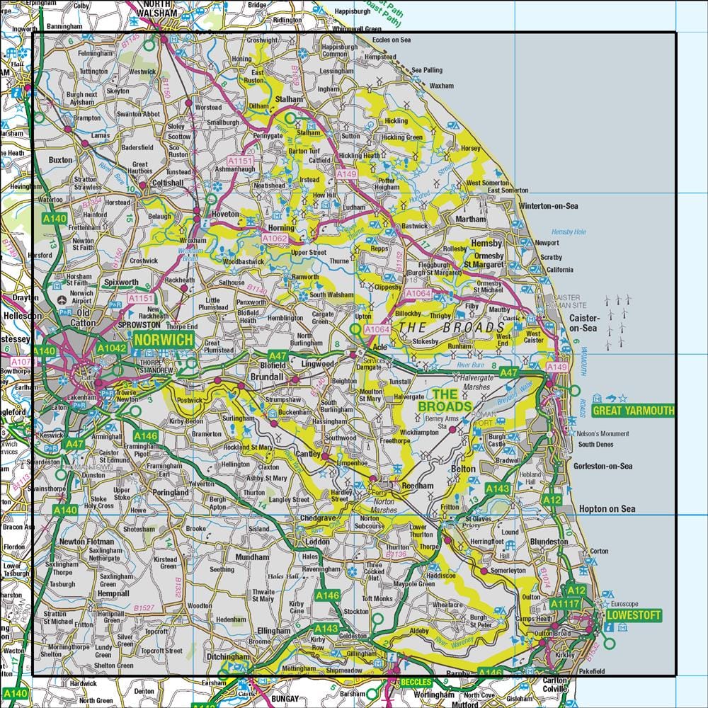 OMN4 image showing the area of the Ordnance Survey 1:50,000 Landranger map 134 Norwich & The Broads Great Yarmouth