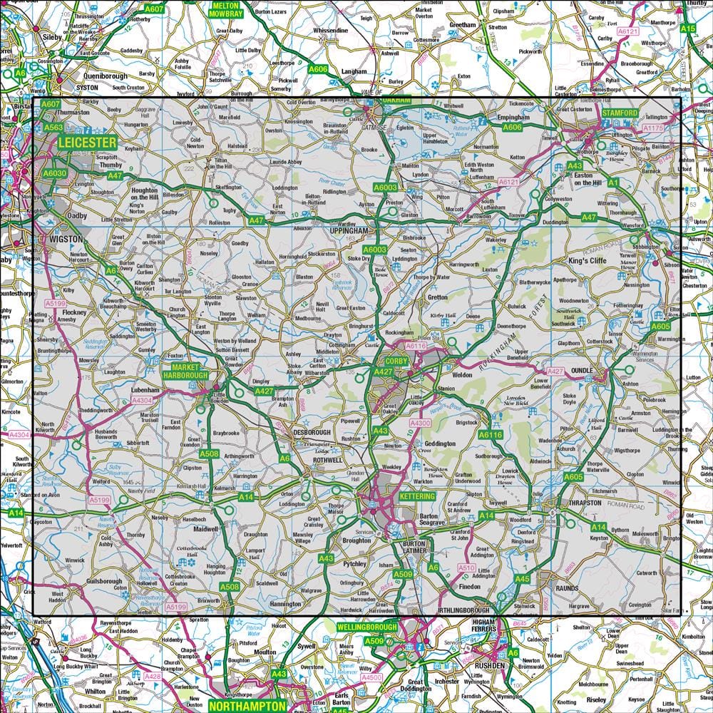 OMN4 image showing the area of the Ordnance Survey 1:50,000 Landranger map 141 Kettering & Corby Market Harborough & Stamford