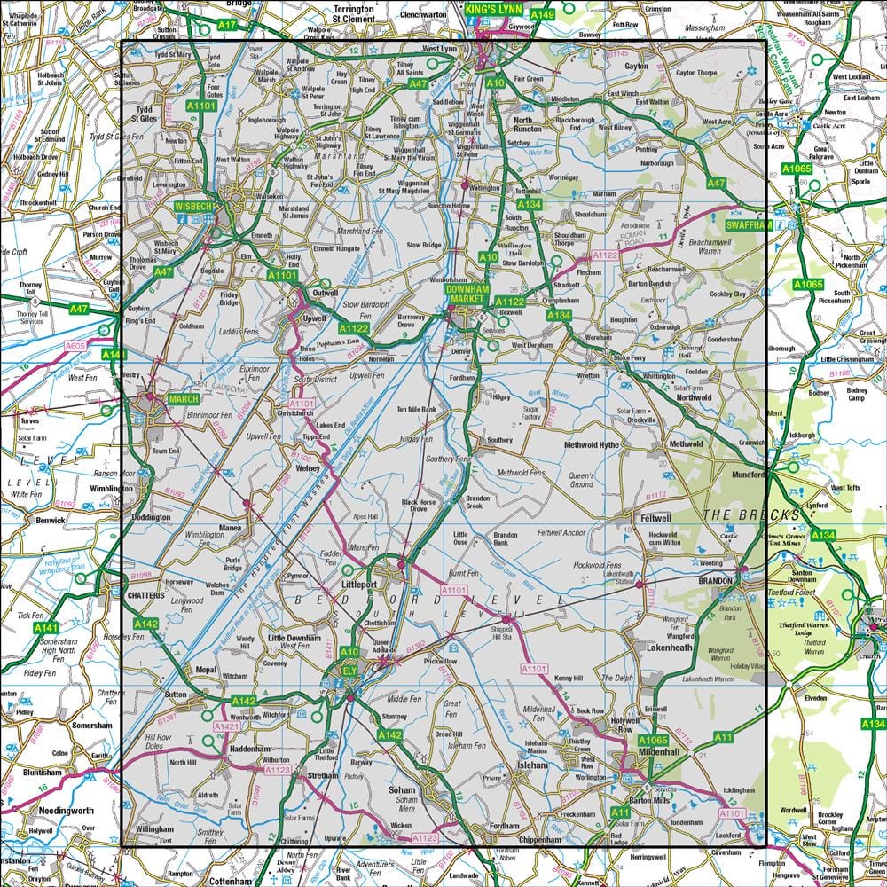 OMN4 image showing the area of the Ordnance Survey 1:50,000 Landranger map 143 Ely & Wisbech Downham Market