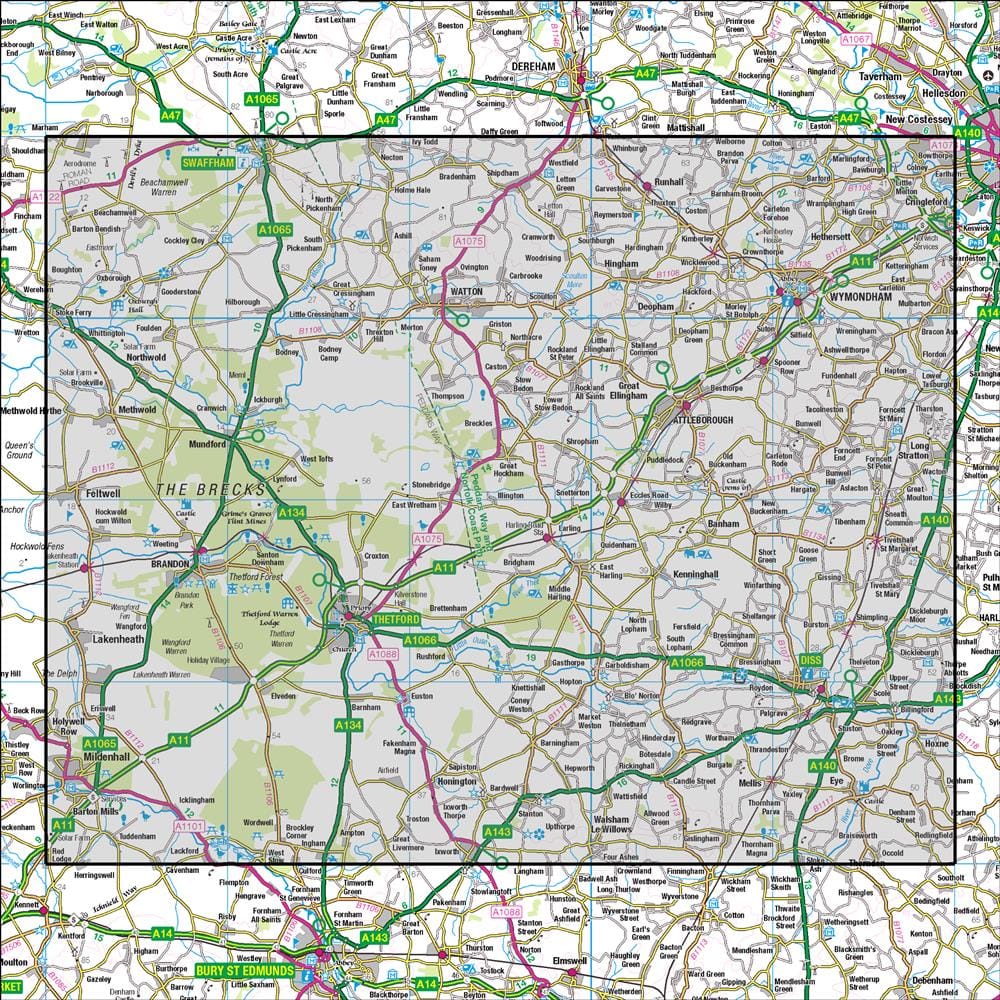 OMN4 image showing the area of the Ordnance Survey 1:50,000 Landranger map 144 Thetford & Diss Breckland & Wymondham