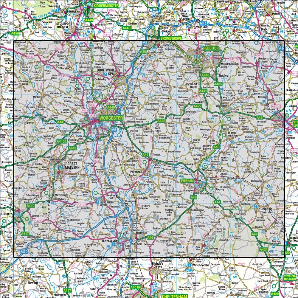OMN4 image showing the area of the Ordnance Survey 1:50,000 Landranger map 150 Worcester & The Malverns Evesham & Tewkesbury