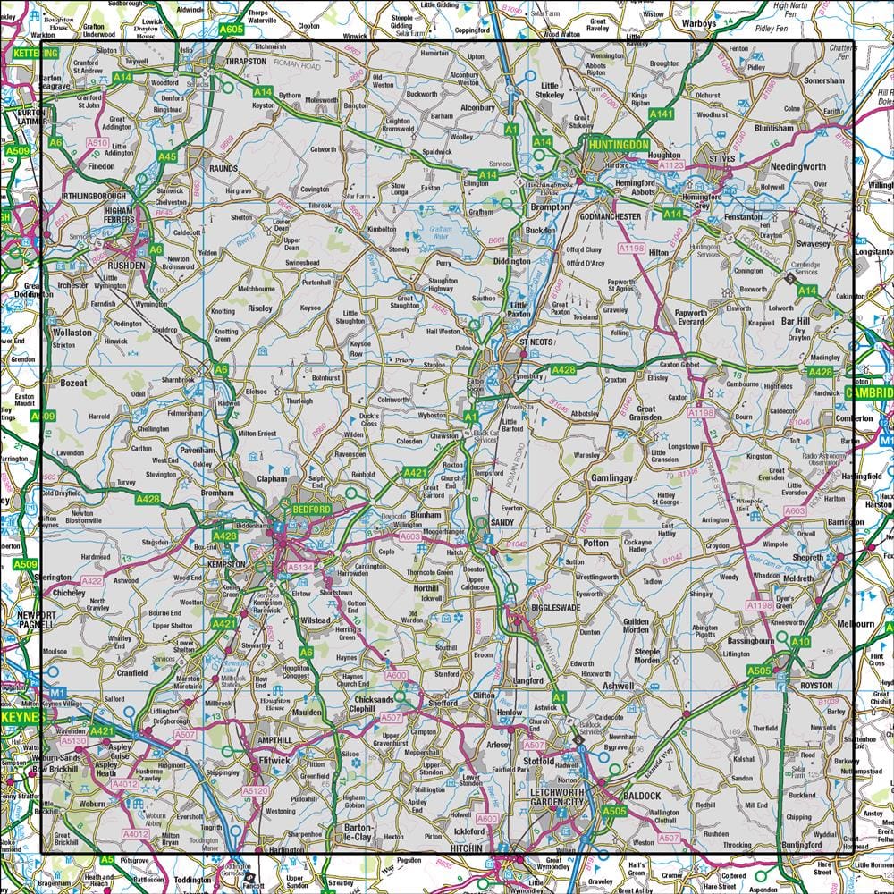 OMN4 image showing the area of the Ordnance Survey 1:50,000 Landranger map 153 Bedford & Huntingdon St Neots & Biggleswade