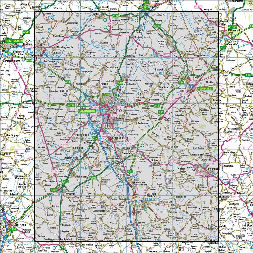 OMN4 image showing the area of the Ordnance Survey 1:50,000 Landranger map 154 Cambridge & Newmarket Saffron Walden
