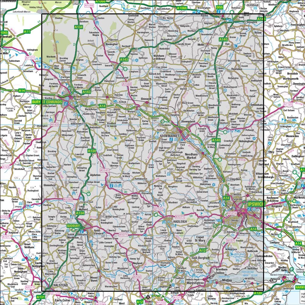 OMN4 image showing the area of the Ordnance Survey 1:50,000 Landranger map 155 Bury St Edmunds Sudbury & Stowmarket