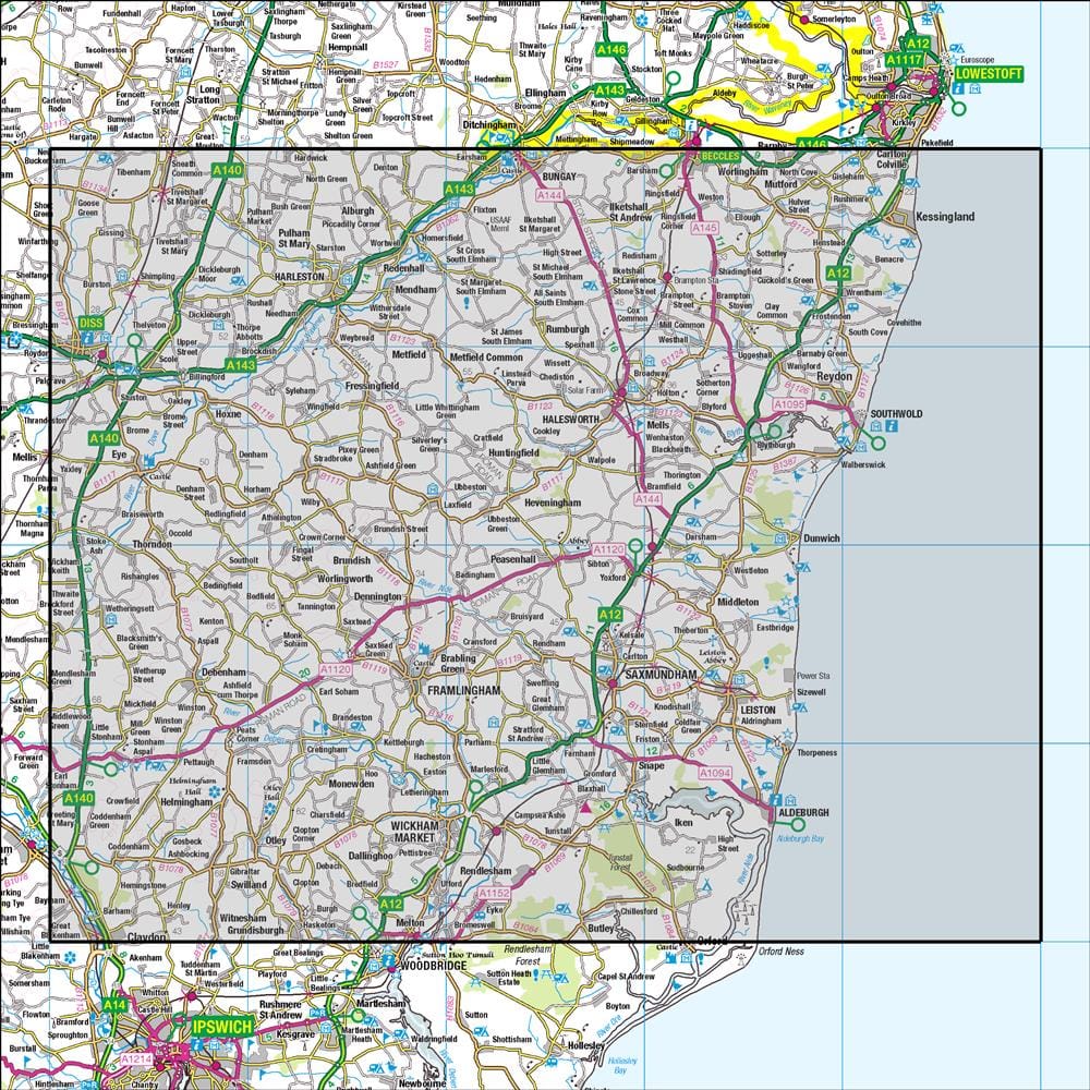 OMN4 image showing the area of the Ordnance Survey 1:50,000 Landranger map 156 Saxmundham, Aldeburgh & Southwold