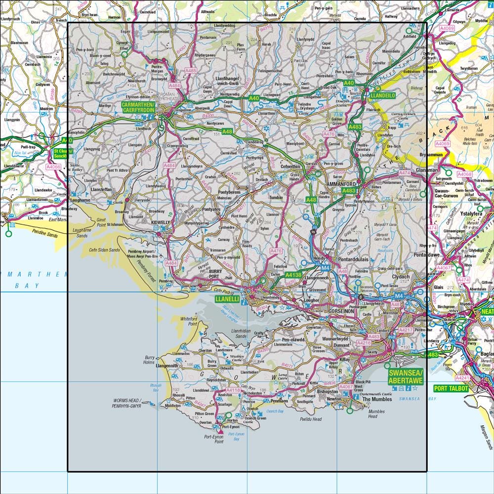 OMN4 image showing the area of the Ordnance Survey 1:50,000 Landranger map 159 Swansea & Gower Carmarthen