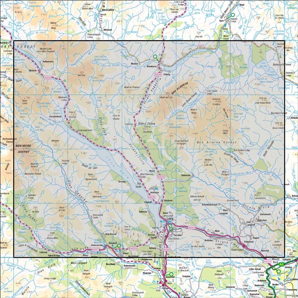 OMN4 image showing the area of the Ordnance Survey 1:50,000 Landranger map 16 Lairg & Loch Shin Loch Naver