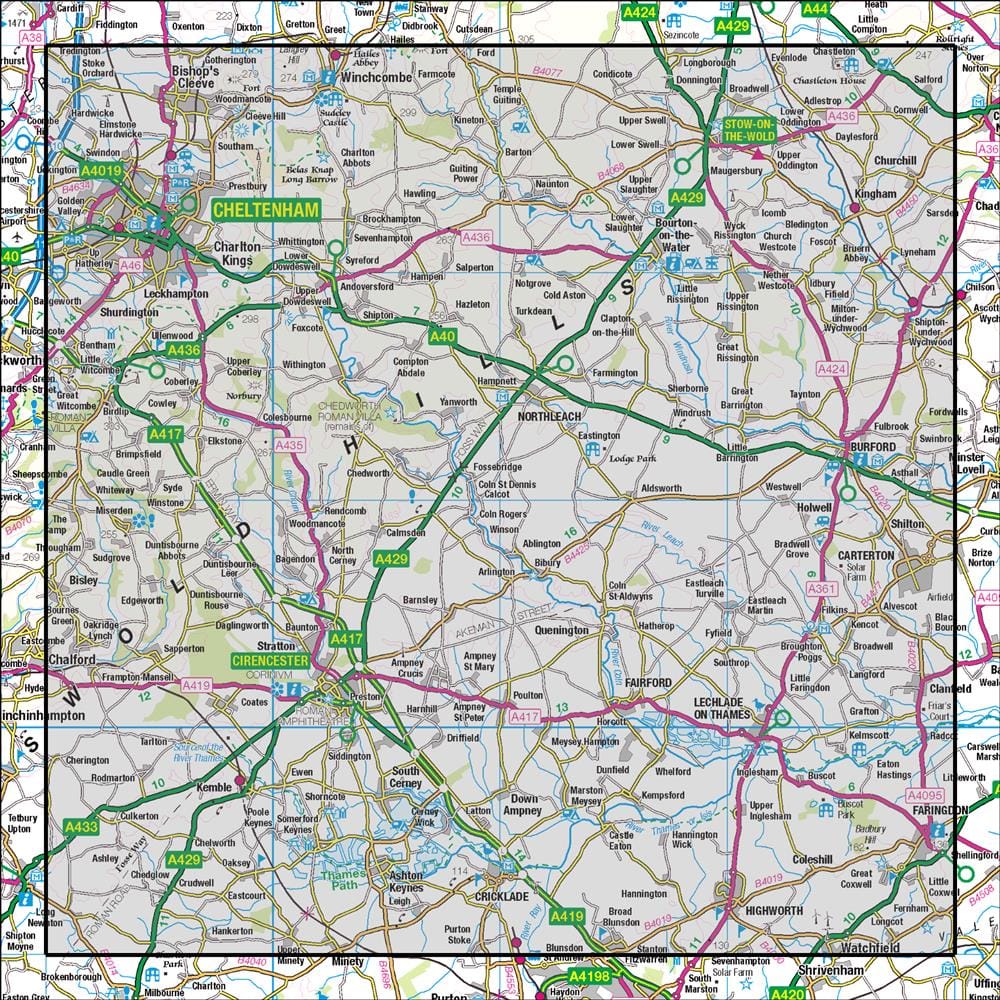 OMN4 image showing the area of the Ordnance Survey 1:50,000 Landranger map 163 Cheltenham & Cirencester Stow-on-the-Wold