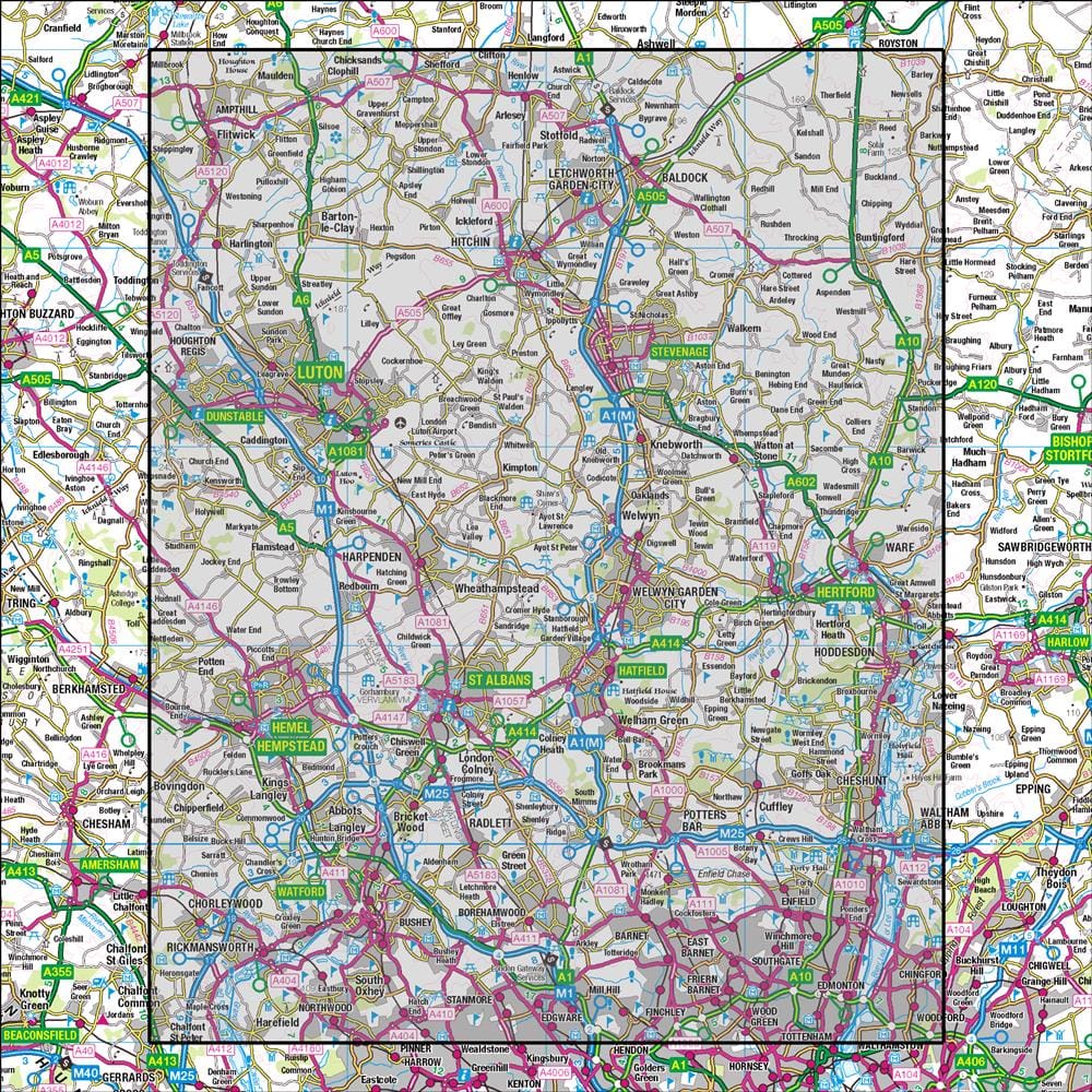 OMN4 image showing the area of the Ordnance Survey 1:50,000 Landranger map 166 Luton & Hertford Hitchin & St Albans