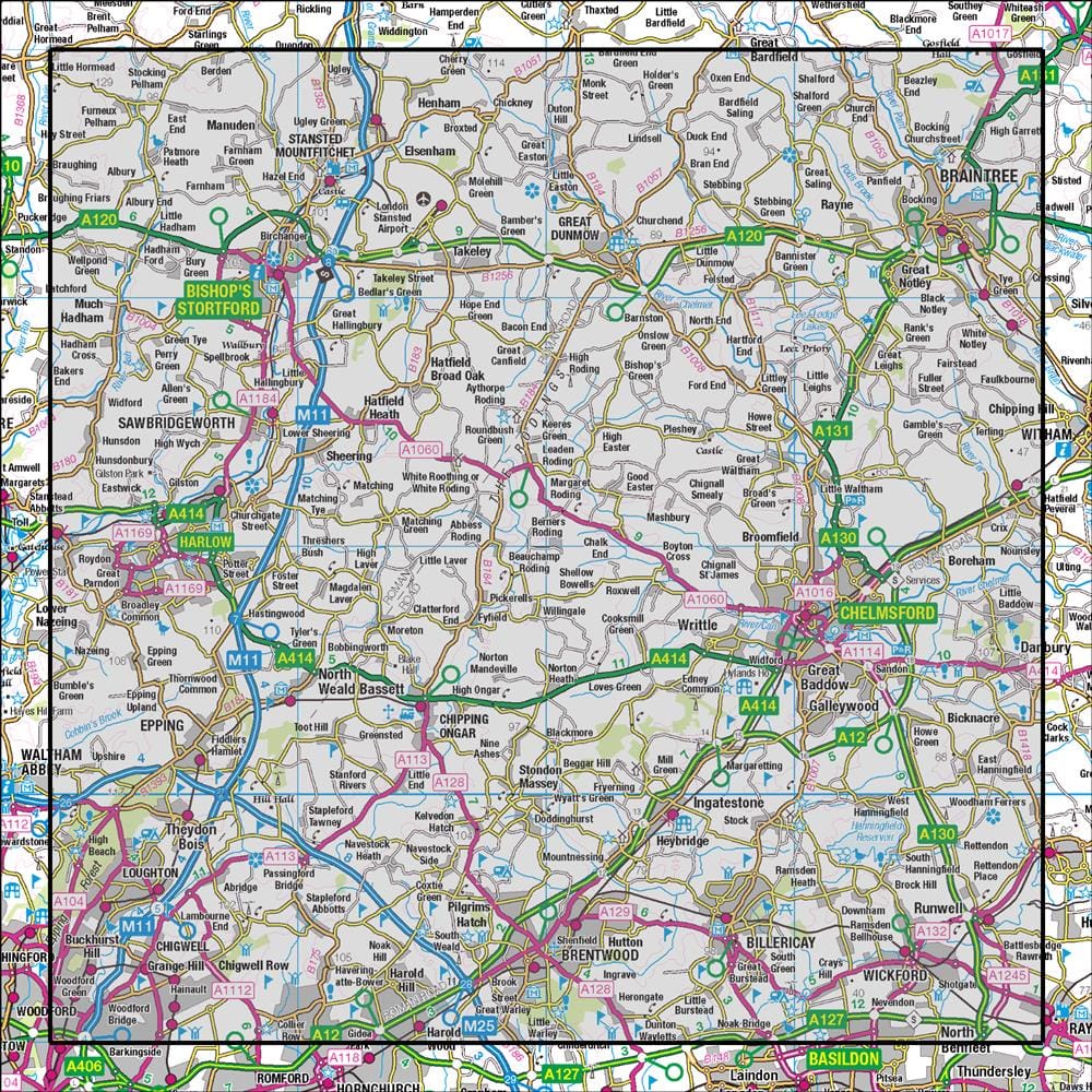 OMN4 image showing the area of the Ordnance Survey 1:50,000 Landranger map 167 Chelmsford Harlow & Bishop's Stortford
