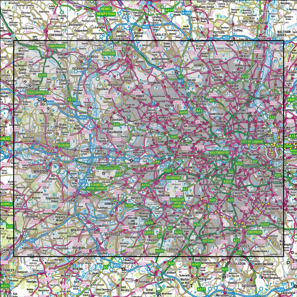OMN4 image showing the area of the Ordnance Survey 1:50,000 Landranger map 176 West London Rickmansworth & Staines