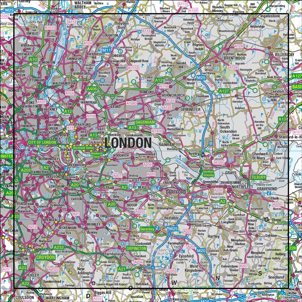 OMN4 image showing the area of the Ordnance Survey 1:50,000 Landranger map 177 East London Billericay & Gravesend