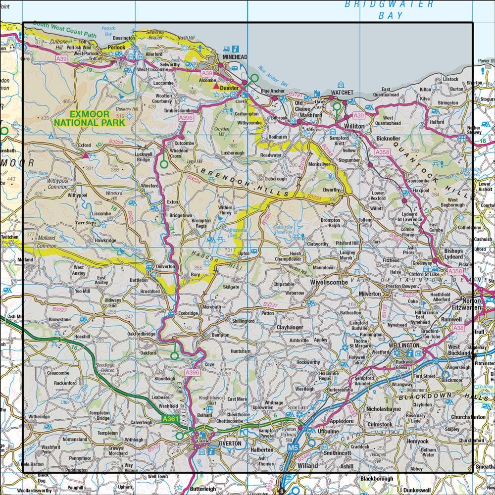 OMN4 image showing the area of the Ordnance Survey 1:50,000 Landranger map 181 Minehead & Brendon Hills Dulverton & Tiverton