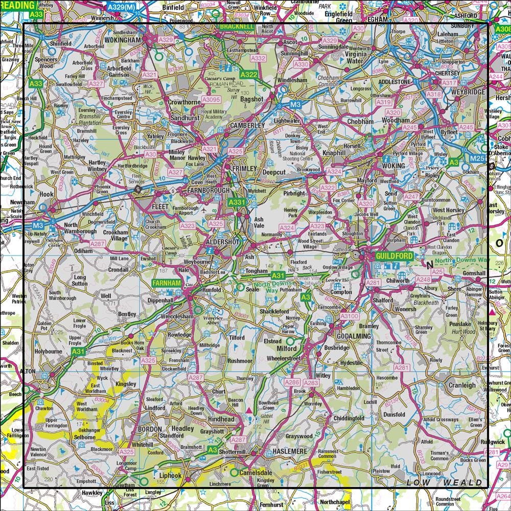 OMN4 image showing the area of the Ordnance Survey 1:50,000 Landranger map 186 Aldershot & Guildford Camberley & Haslemere