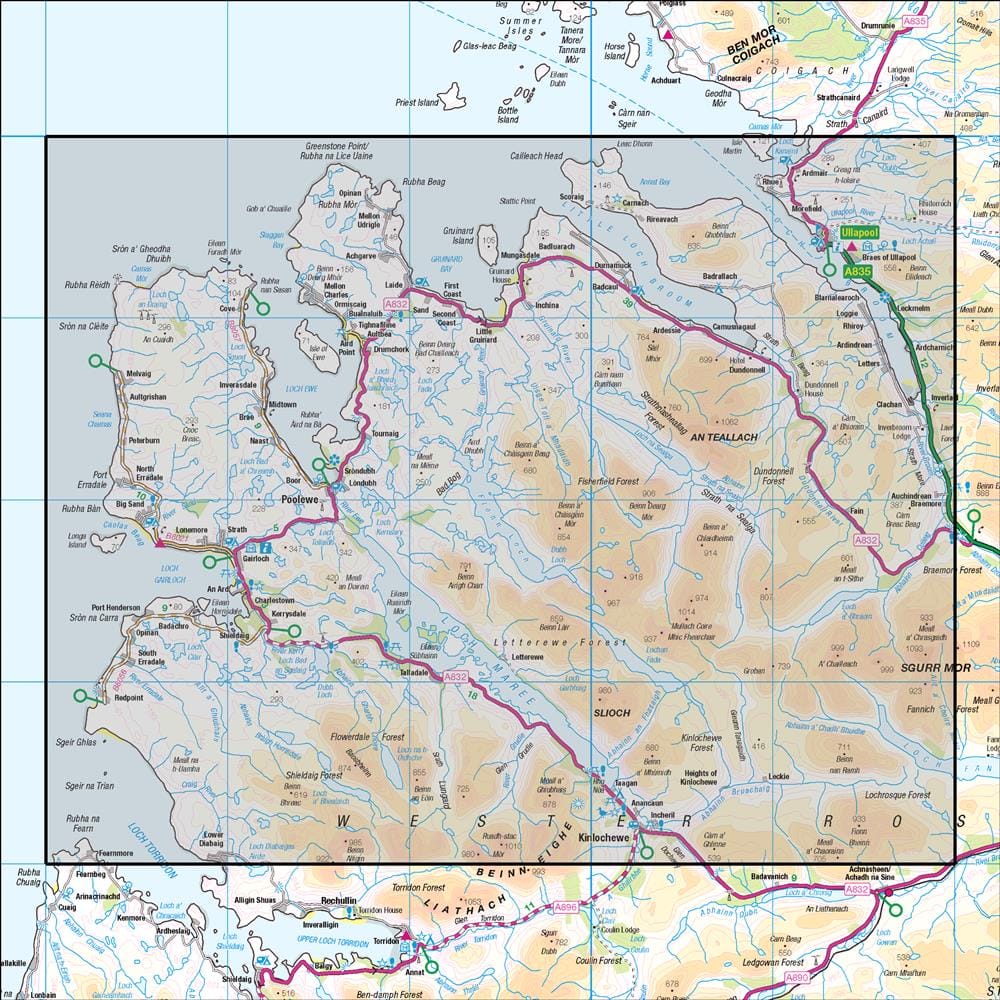 OMN4 image showing the area of the Ordnance Survey 1:50,000 Landranger map 19 Gairloch & Ullapool Loch Maree
